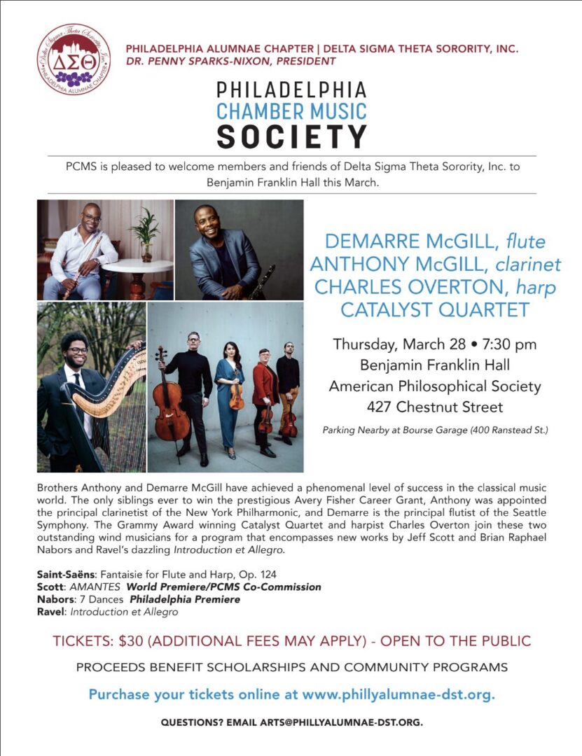 Flyer for a Philadelphia Composers Society concert featuring flute and harp performances.
